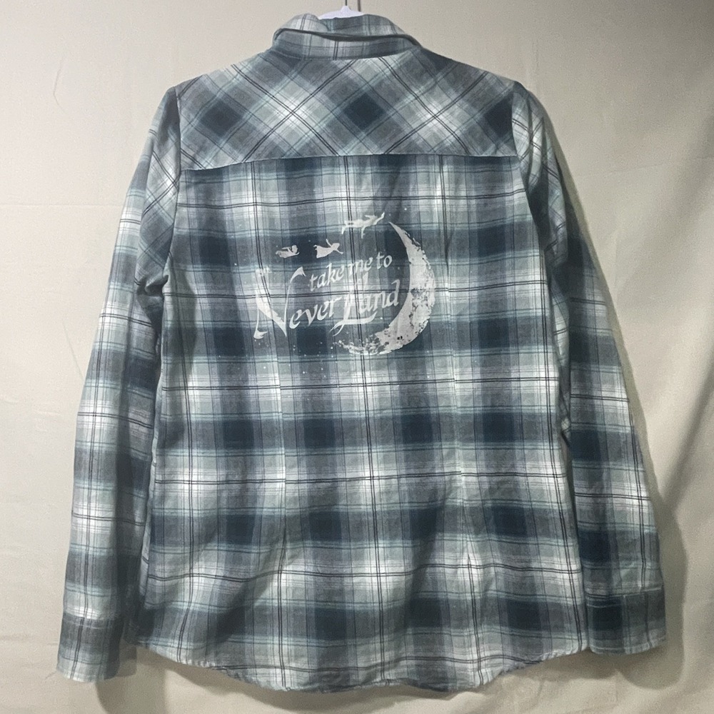 Disney "Take Me To Never Land"Blue Button Down Flannel Shirt Womens Size Medium - Picture 2 of 6